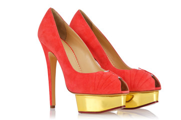 Red stylish woman shoes isolated on the white