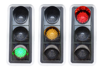 traffic lights showing red green and red isolated