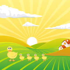 Vector of an Evening Landscape with Sweet Chicks