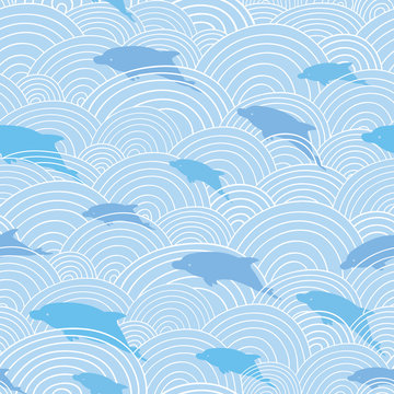 Vector dolphines among waves seamless pattern background with