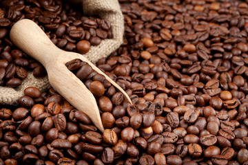 coffee beans with wooden scoop