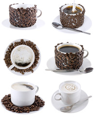 Collage of various coffee cups. Isolated