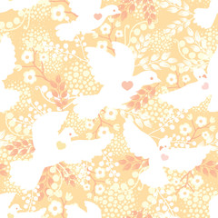 Vector wedding doves among flowers seamless pattern background