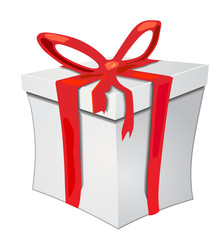 White gift box with red ribbon on white background. Vector.