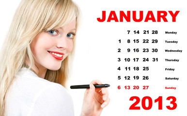calendar for January 2013 with portrait of young woman