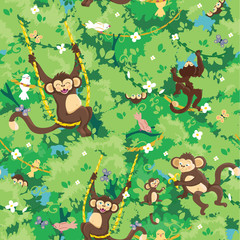 Happy monkeys vector seamless pattern background with hand drawn
