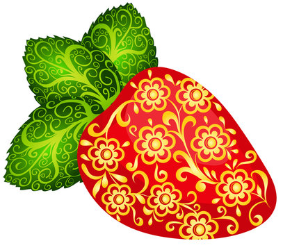 The bright red strawberries decorated with gold floral pattern.