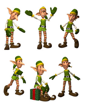 A 3D rendered illustration set of 6 Christmas Elves wearing green outfits isolated on a white background