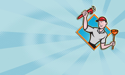 Plumber With Monkey Wrench And Plunger Cartoon