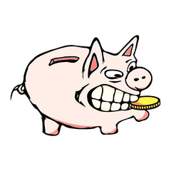 Piggy bank with a coin looks greedy and angry