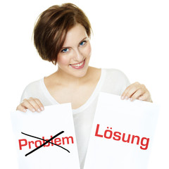 Woman shows her concept - problem and solution