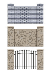 brick and stone fence set of vector illustration EPS10.
