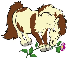 Selbstklebende Fototapete Pony Cartoon-Pony mit Blume