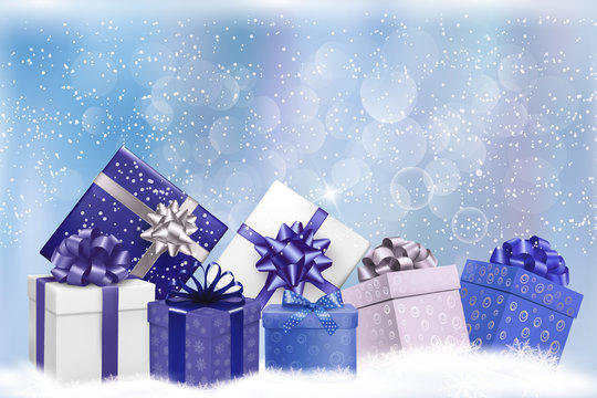 Christmas background with gift boxes and snowflakes. Vector illu