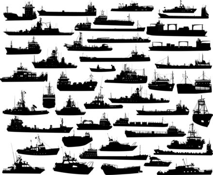 Set of 44 silhouettes of sea ships