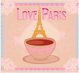 Fototapeta na wymiar Kocham Paryż z wieży Eiffla i kawy nad różowym tle. v
