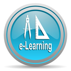 e-learning blue glossy icon on white background