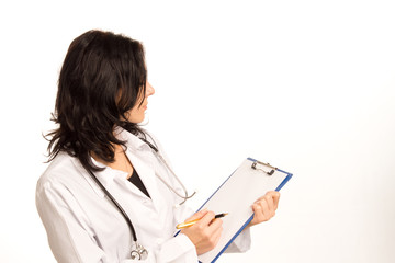 Woman doctor with blank clipboard