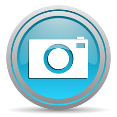 camera blue glossy icon on white background