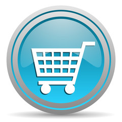 shopping cart blue glossy icon on white background