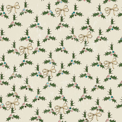 Seamless texture with mistletoe and bows.