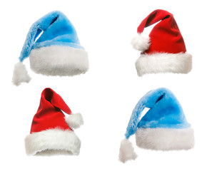 The red and blue hat of Santa Claus in various positions