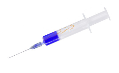 single syringe with blue medication
