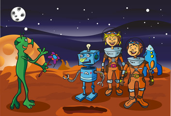 Space meeting children-astronauts and alien on Mars