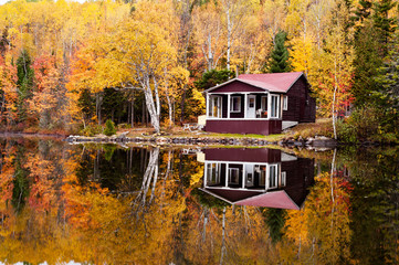 Naklejka premium Reflections of a autumn forest and a house in a lake