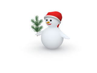 3D snowman with Santa Claus hat and pine branch on white