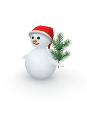 3D snowman with Santa Claus hat and pine branch on white