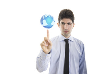 Young businessman hold a world on finger