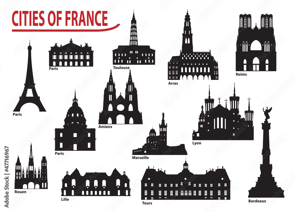 Wall mural Silhouettes of cities in France