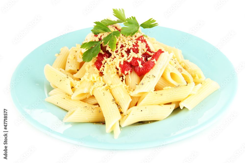 Wall mural Rigatoni pasta dish with tomato sauce isolated on white