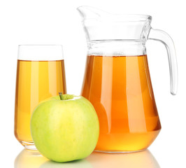 Full glass and jug of apple juice and apple isolted on white