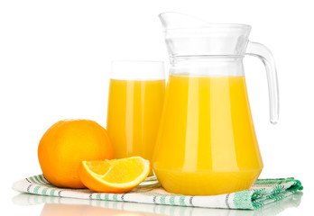 Full glass and jug of orange juice and oranges isolated on