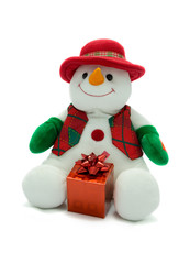 Christmas Snowman holding a present.
