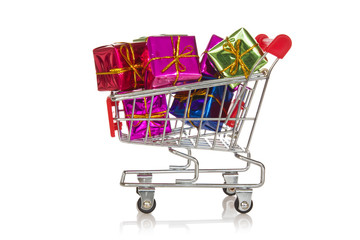 Shopping  cart with colorful gift boxes