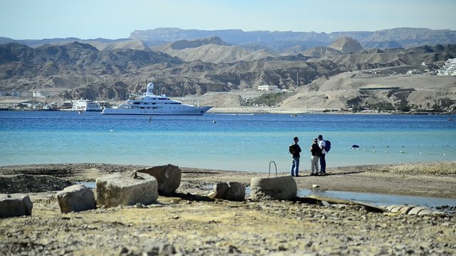 Tourists looking at the gulf of Aqaba near Eilat