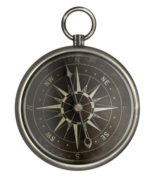 antique silver compass with dark face isolated on white