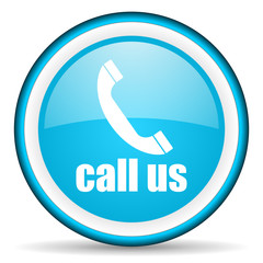 call us blue glossy icon on white background