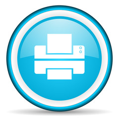 printer blue glossy icon on white background