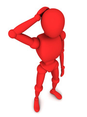 thoughtful red 3d human thinking on white background