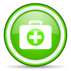 first aid kit green glossy icon on white background