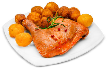 roasted chicken with potatoes isolated on white background