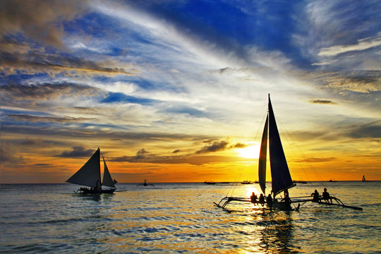 Sailing On Sunset. Boracay Island,Philippines