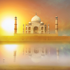 Taj Mahal India Sunset. Agra, Uttar Pradesh. Beautiful Palace wi