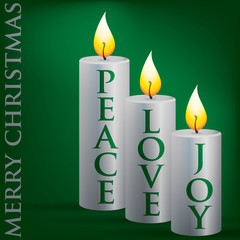 Merry Christmas Peace, Love, Joy candle card in vector format.