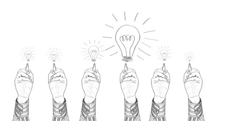 Hand of a businessman drawing lightbulbs. vector illustration