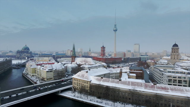 Berlin Skyline Winter City with snow and blue sky in Full HD